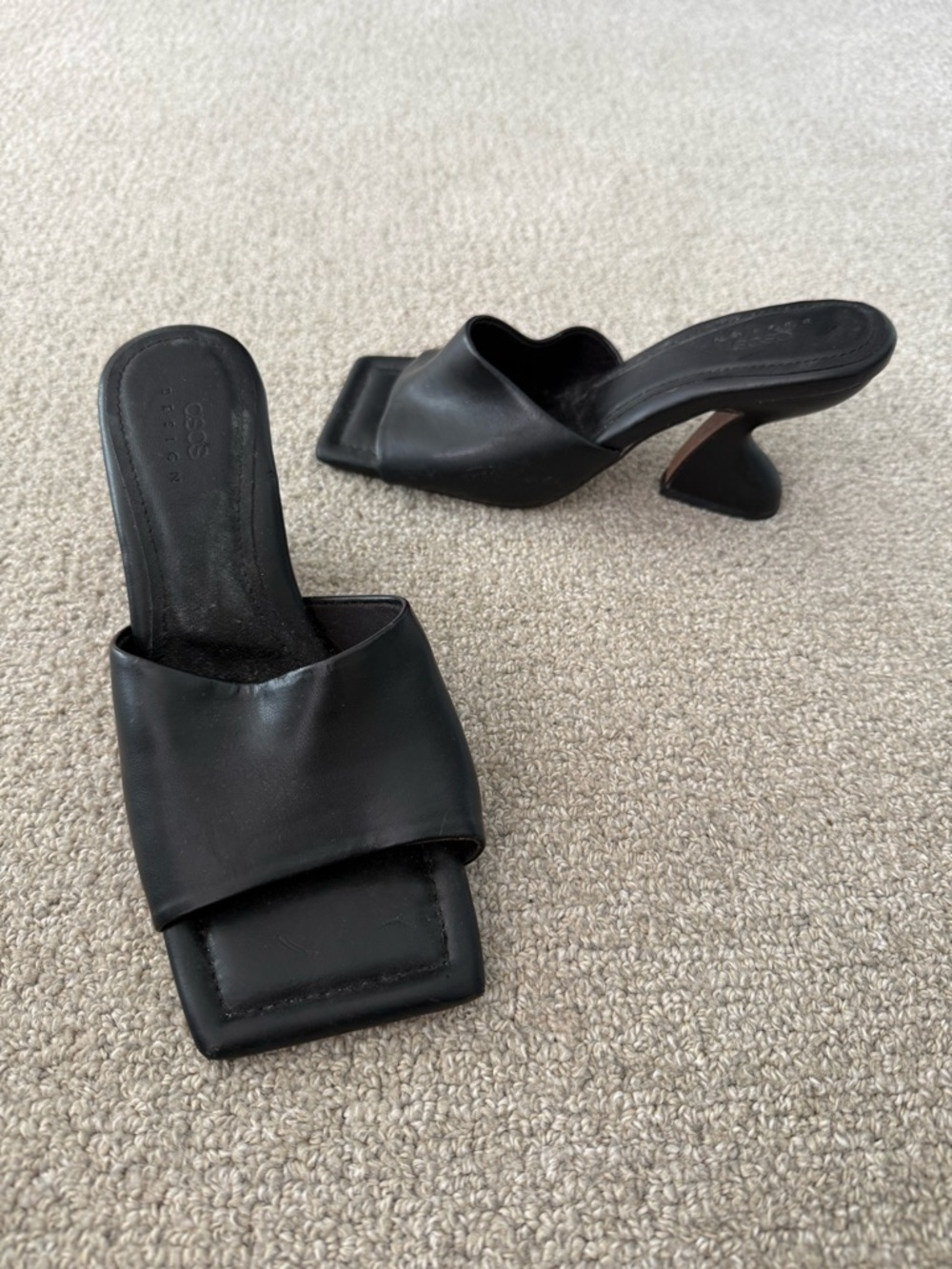 ASOS Black Leather Sculpted Heel Square-Toe Slide Mules
